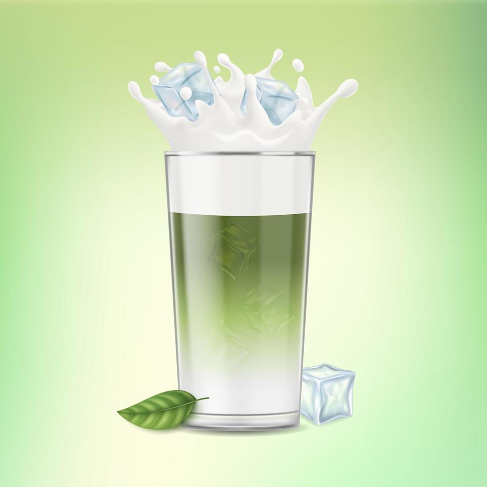 réaliste détaillé 3d Japonais matcha latté boisson éclabousser dans verre tasse et la glace cubes. vecteur