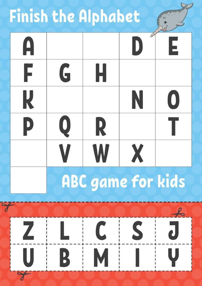 terminer l'alphabet. jeu abc pour les enfants. couper et coller. feuille de travail sur le développement de l'éducation. jeu d'apprentissage pour les enfants. page d'activité couleur. vecteur