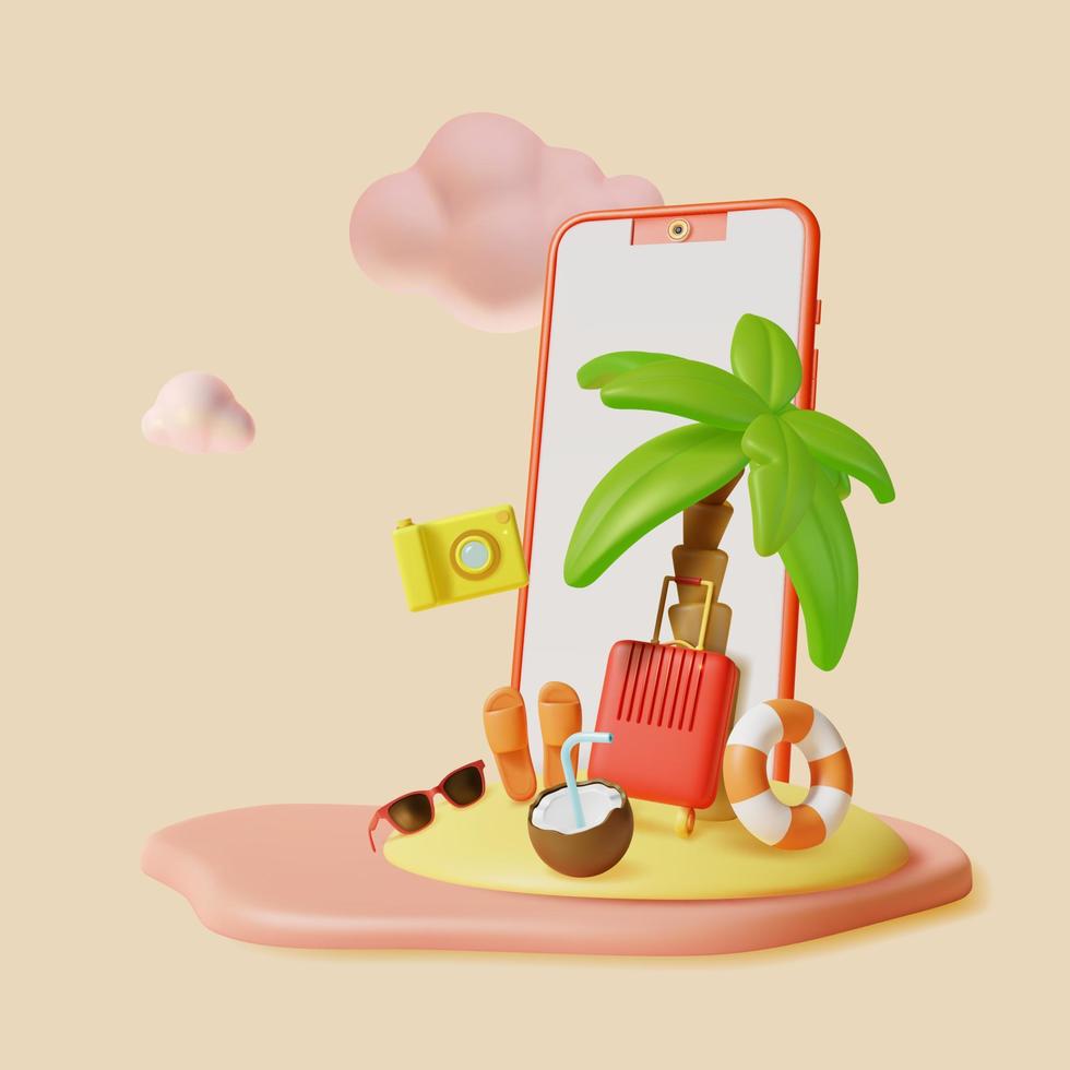 3d téléphone intelligent sur plage avec touristique et Voyage équipement concept pâte à modeler dessin animé style. vecteur