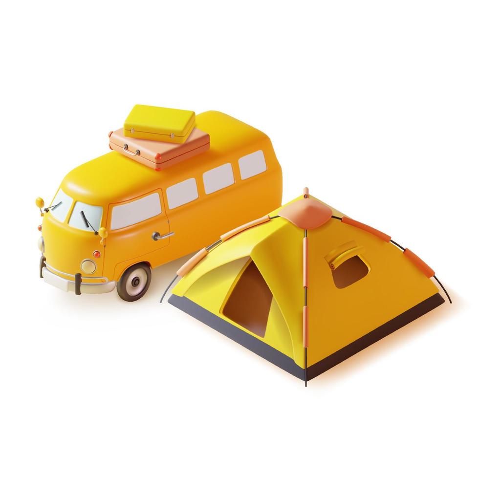 3d camping concept éléments pâte à modeler dessin animé style comprendre de camp chapiteau et Jaune campeur van. vecteur illustration