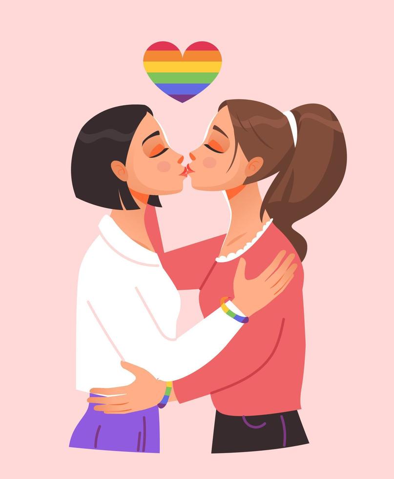 lgbt. lesbienne couple embrasser et étreindre. romantique sexuel rapports entre femmes. lesbienne les amoureux. dessin animé vecteur illustration.