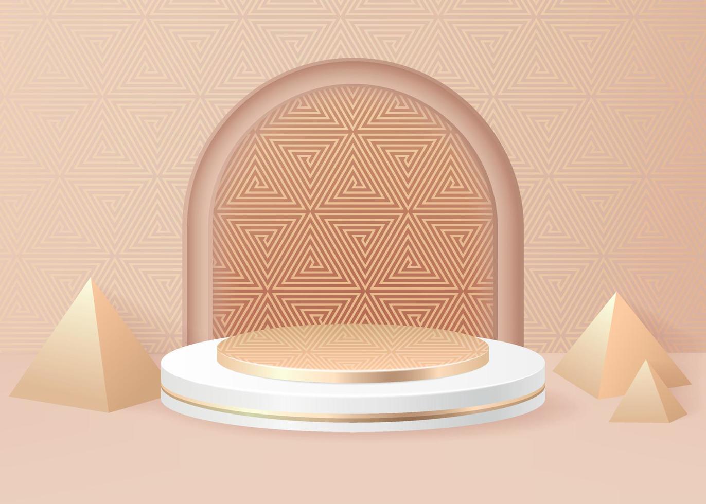 or, beige Couleur rond piédestal podium. luxe modèle géométrique plateforme. crème mur scène avec pyramide. vecteur prime 3d forme, cosmétique produit afficher présentation. cylindre dans le pièce intérieur