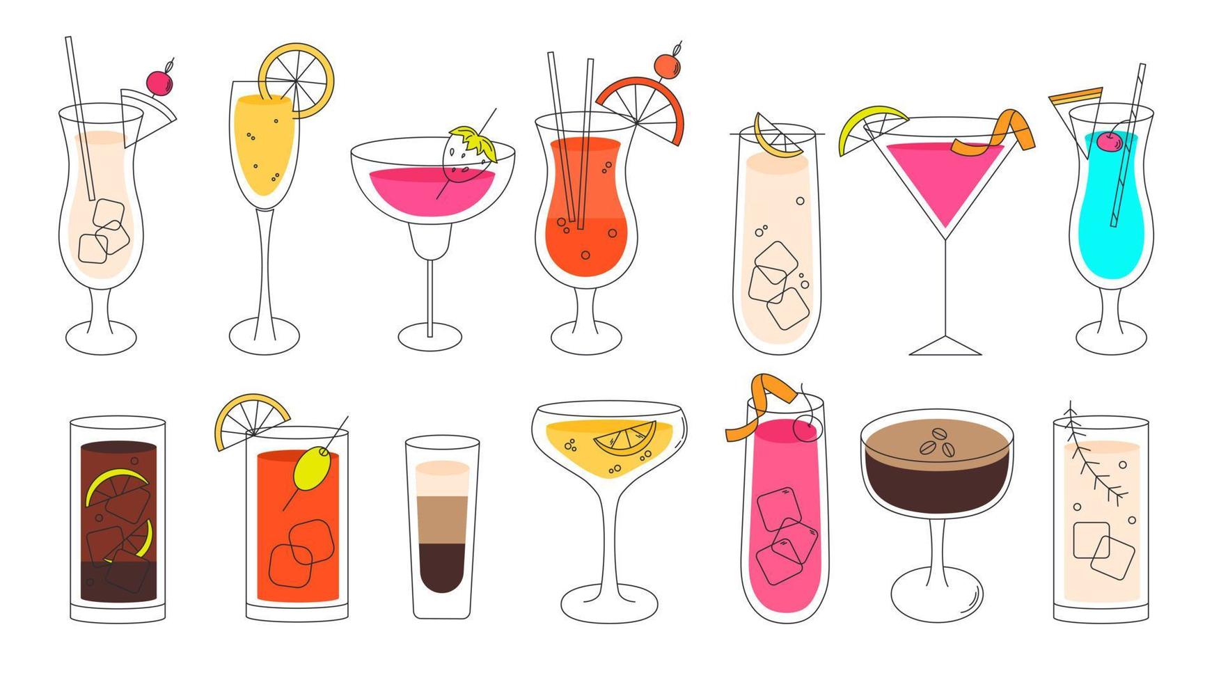 cocktail ensemble dans une minimal vecteur mince ligne illustration. Cosmopolite, Gin et Tonique, sexe sur le plage, Mojito, martini, mimosa, pina colada, Tequila lever du soleil, bleu Hawaii et sanglant joyeux.