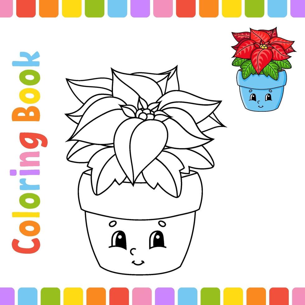 livre de coloriage pour les enfants poinsettia. thème d'hiver. caractère joyeux. illustration vectorielle. style de dessin animé mignon. page fantastique pour les enfants. silhouette de contour noir. isolé sur fond blanc. vecteur