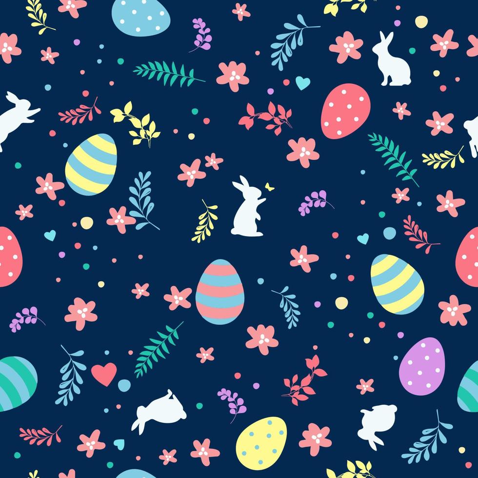 mignonne main tiré Pâques sans couture modèle avec lapins, fleurs, Pâques œufs, magnifique arrière-plan, génial pour Pâques cartes, bannière, textile, fonds d'écran. vecteur