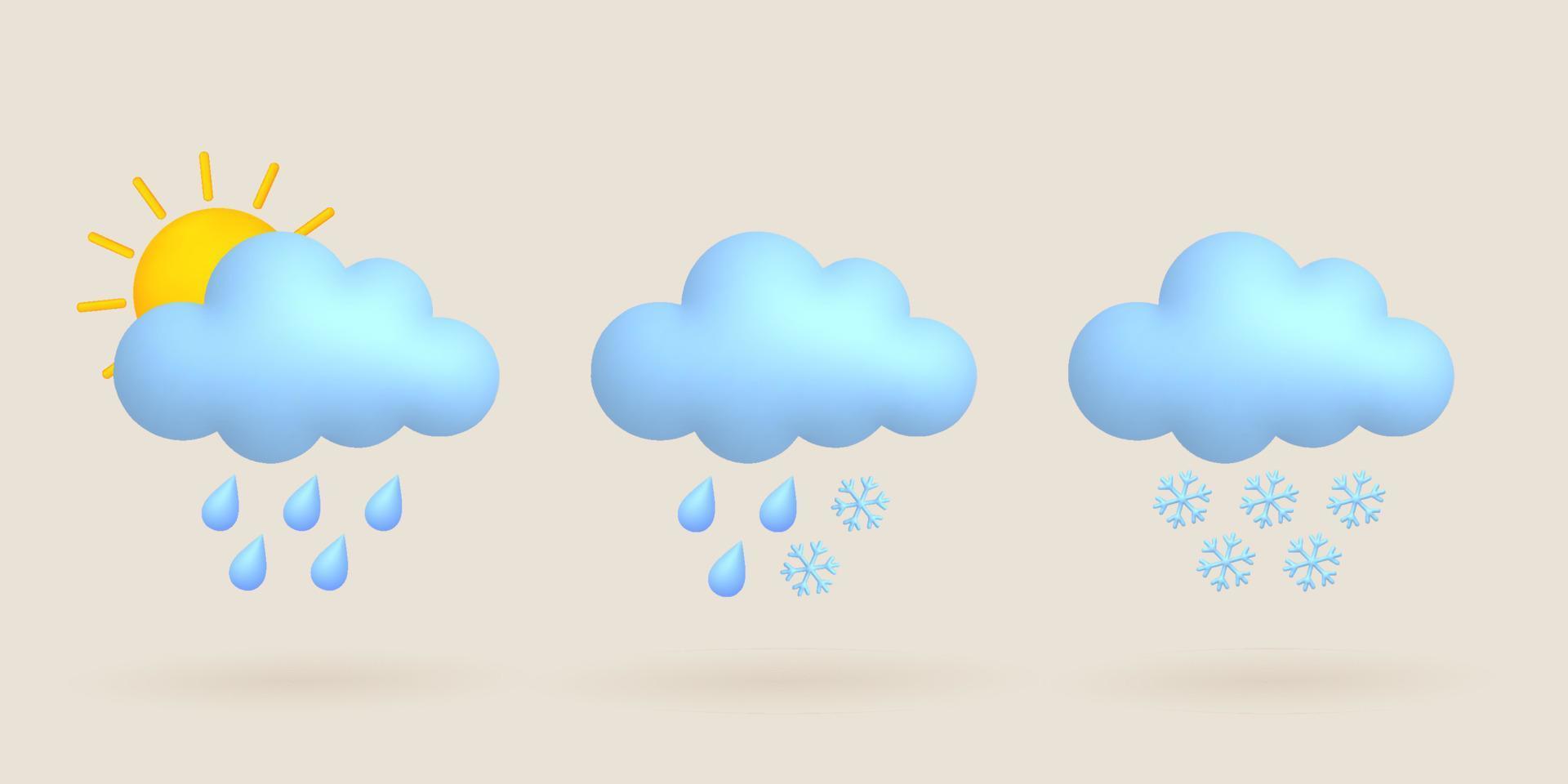 3d dessin animé temps Icônes ensemble. soleil, nuage, pluie, neige. vecteur