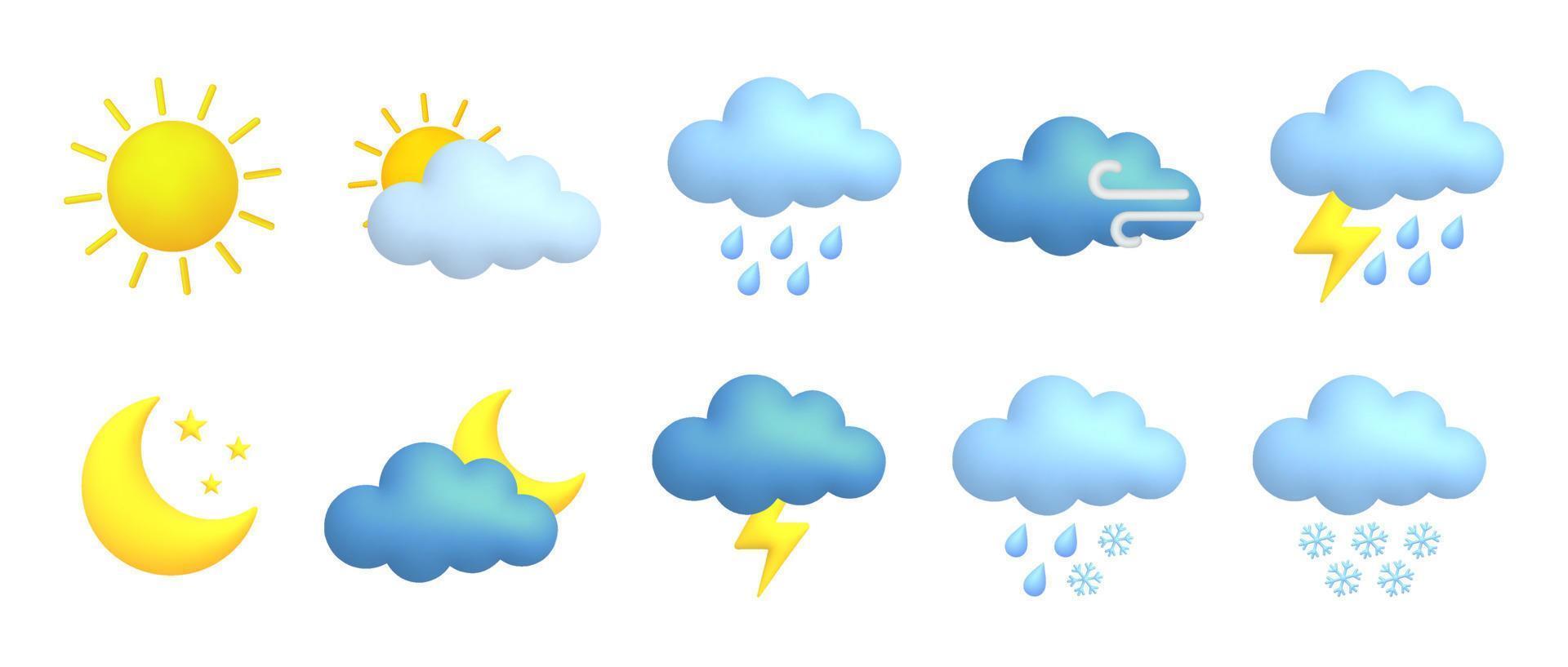 mignonne 3d dessin animé temps Icônes ensemble. soleil, lune, étoile, foudre, nuage, pluie, neige, vent, orage. vecteur