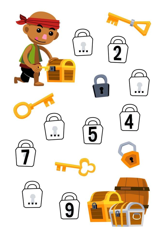 éducation Jeu pour Achevée le séquence de nombre avec mignonne dessin animé chauve homme autour le clé et cadenas image imprimable pirate feuille de travail vecteur