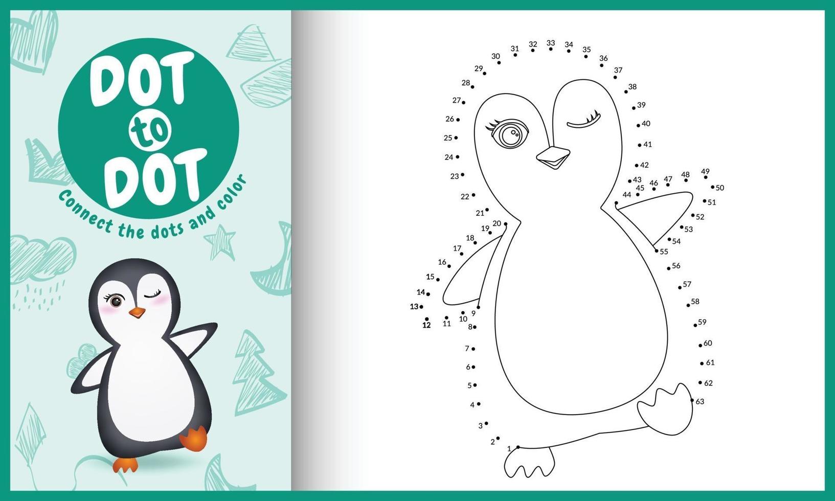 connectez le jeu et la page de coloriage pour enfants points avec une illustration de personnage de pingouin mignon vecteur