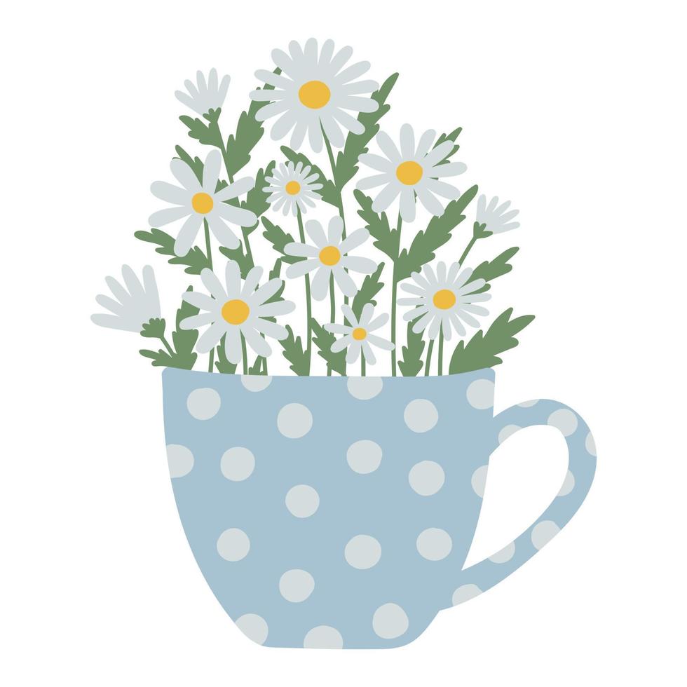 camomille bouquet dans une bleu polka point tasse vecteur