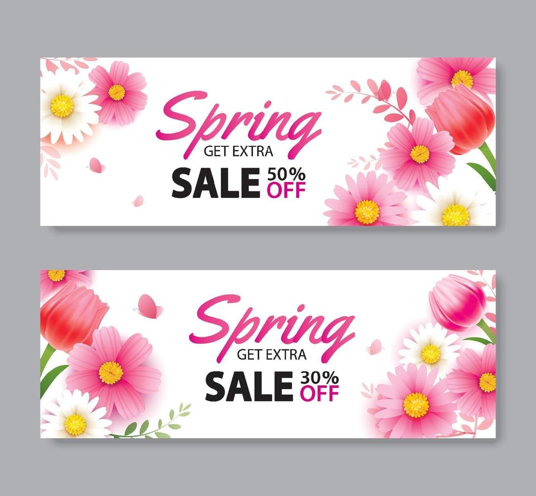 bannière de couverture de vente de printemps avec modèle de fond de fleurs épanouies. conception pour la publicité, flyers, affiches, brochure, invitation, réduction de bon. vecteur