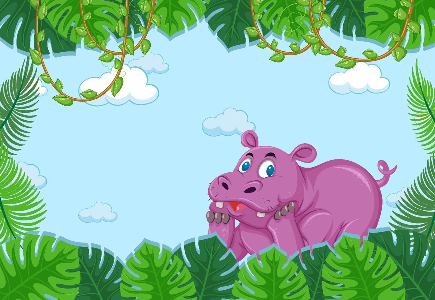 personnage de dessin animé d & # 39; hippopotame dans une scène de forêt vierge vecteur