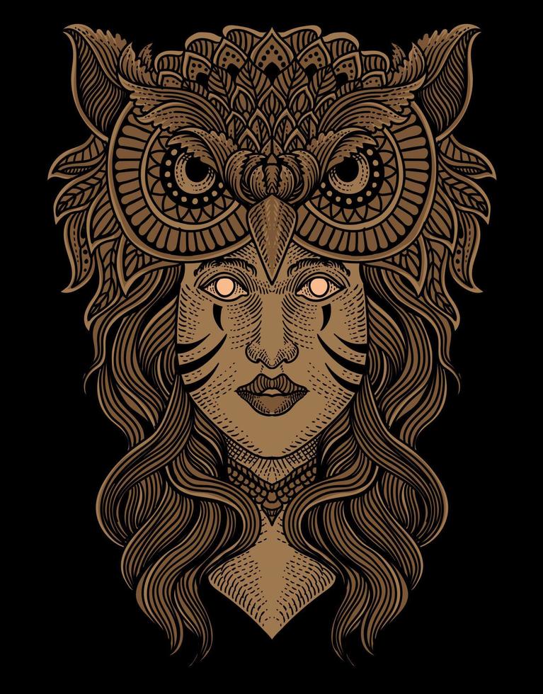 illustration tribal fille avec hibou tête sur noir Contexte vecteur