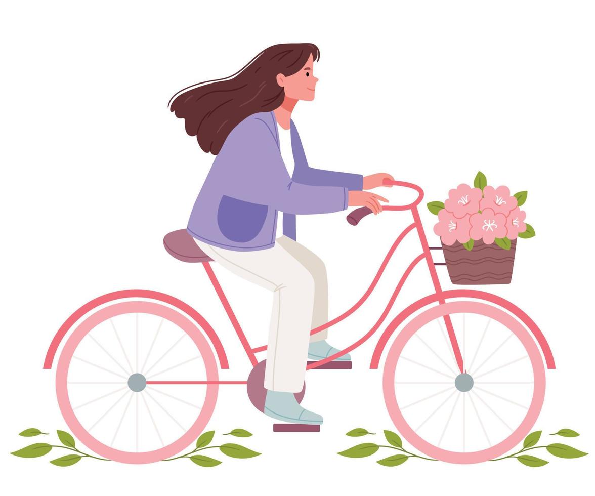 une fille sur une rétro vélo avec une panier de fleurs. printemps illustration dans pastel couleurs. main tiré plat illustration. vecteur