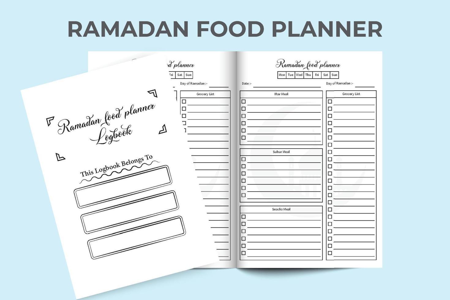 musulman Festival Ramadan nourriture planificateur intérieur Journal livre. du quotidien iftar, sahour, et collations traqueur journal intime intérieur. Ramadan du quotidien repas planificateur carnet intérieur. journal modèle intérieur. vecteur