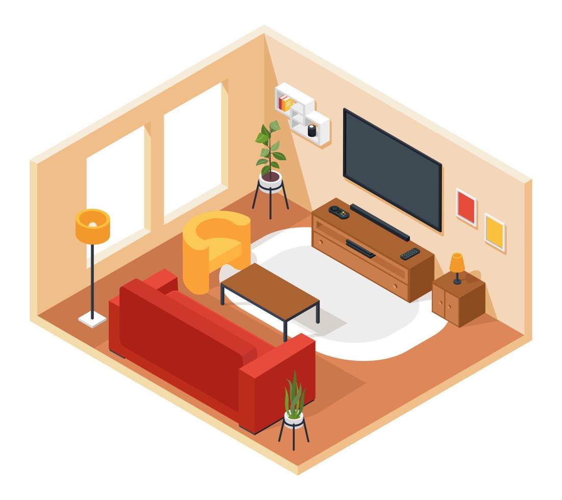 isométrique vivant chambre. salon intérieur avec meubles canapé, chaise, la télé, café tableau, usine, tapis. appartement ou maison pièce décor vecteur concept