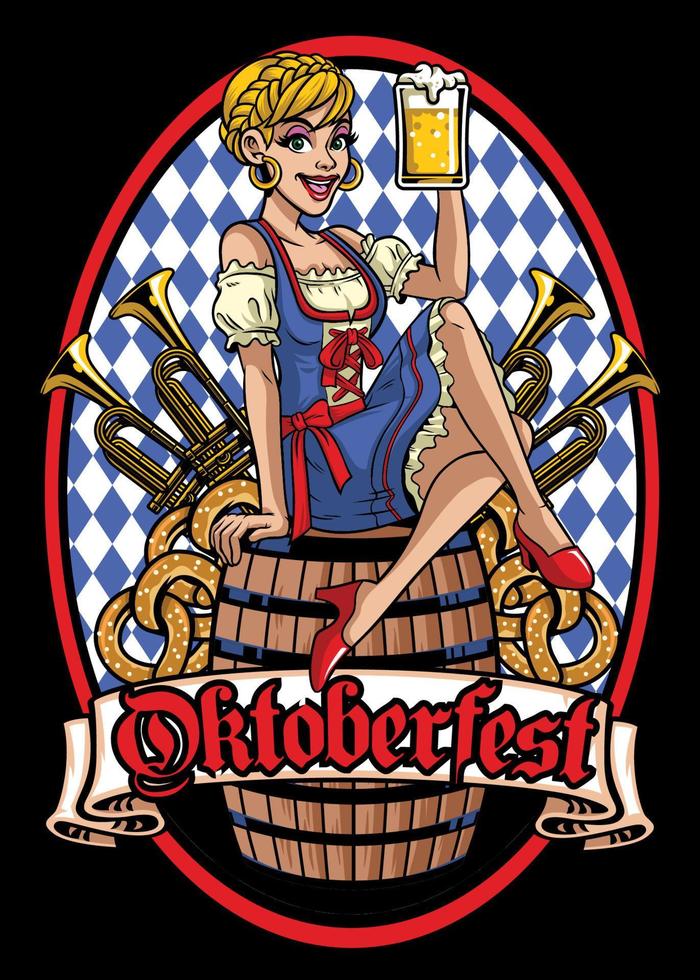 content fille de oktoberfest séance sur le Bière baril vecteur