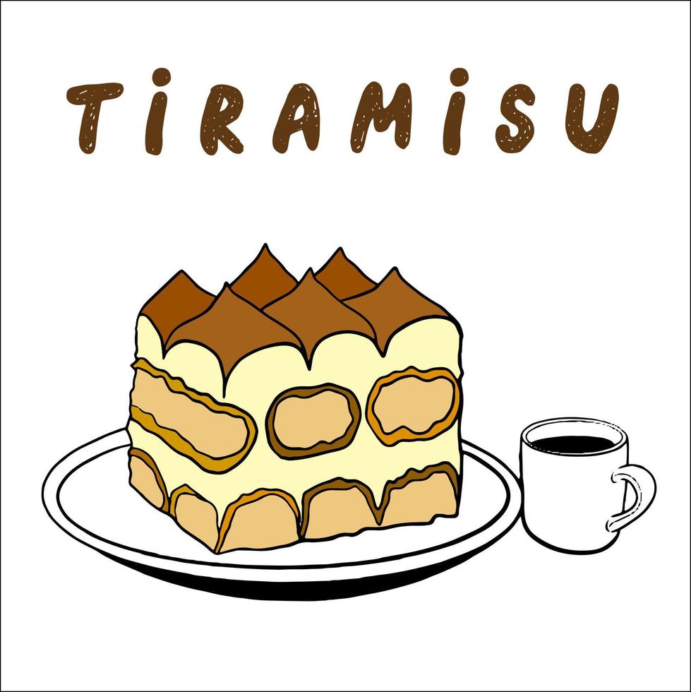 pièce de tiramisu gâteau - tiramisu, un italien en couches dessert de savoiardi biscuits avec mascarpone crème, décoré avec cacao poudre. traditionnel italien dessert vecteur