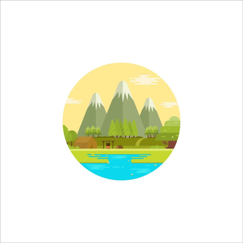 région sauvage explorateur rond emblème logo avec été camping dans forêt près Lac vecteur