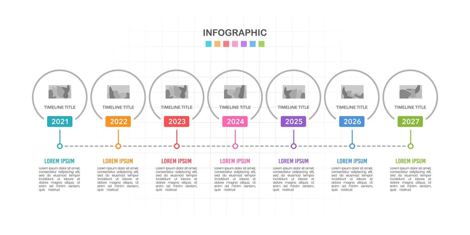 affaires infographie avec sept cercles sur chronologie diagrammes. jalon, anniversaire, rapport, entreprise, et données. vecteur illustration.