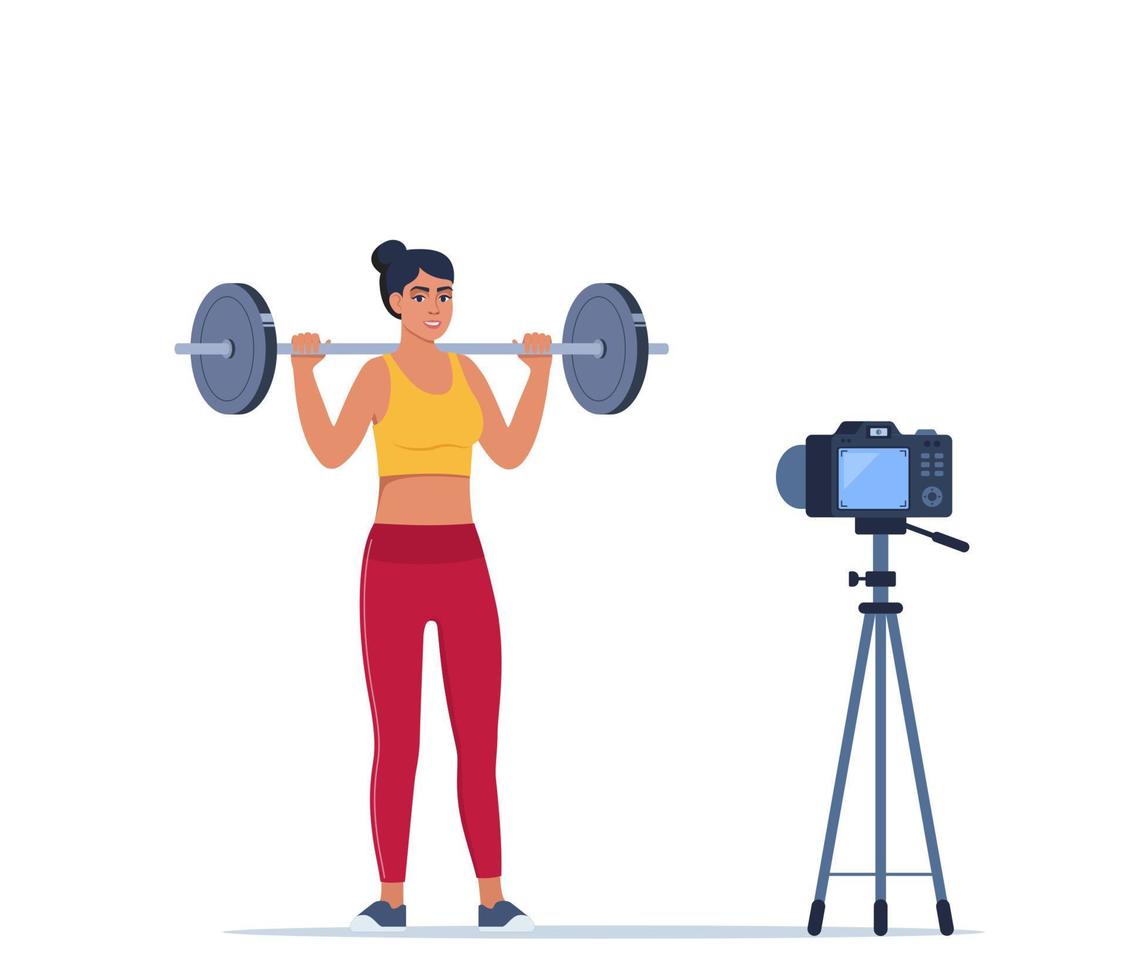 femme Faire aérien haltère épaule presse exercice enregistrement vidéo avec caméra sur trépied. social réseau bloguer, en bonne santé mode de vie concept. sport enchaînement. vecteur illustration.