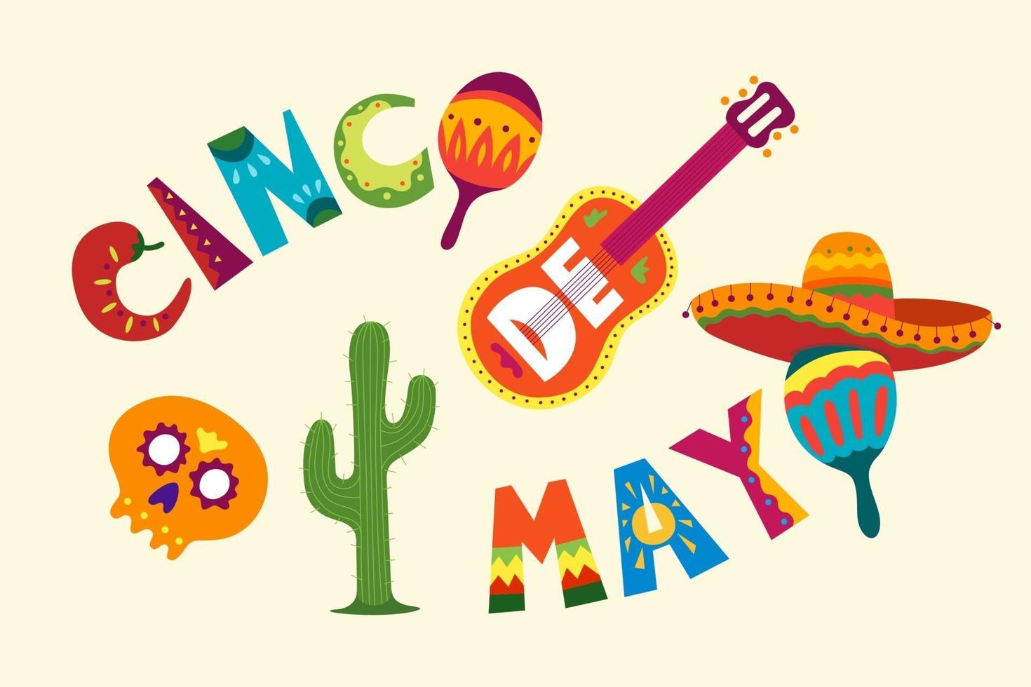 fête mexicaine 5 mai célébration cinco de mayo. belle illustration vectorielle avec modèle de conception de dessin animé. Amérique latine traditionnelle symboles drôles crâne, guitare, fleurs, poivron rouge, cactus vecteur