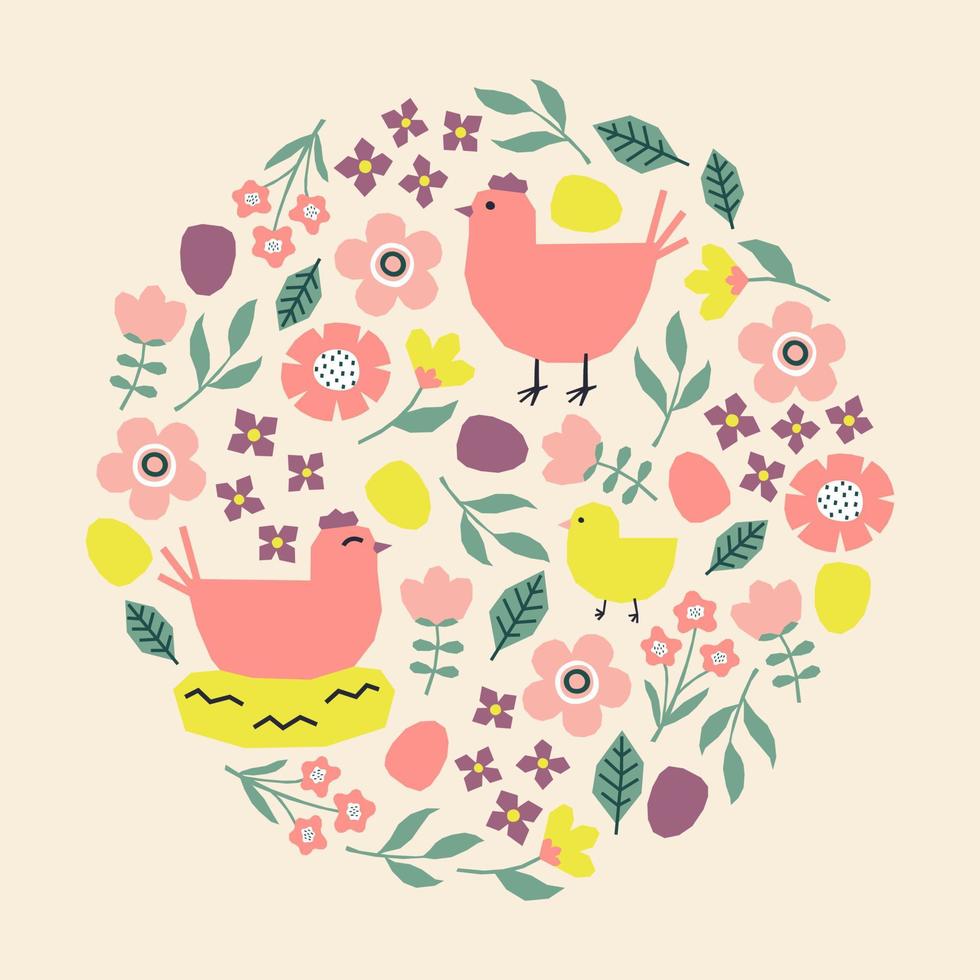 Pâques carte avec les poules, poulet, fleurs et feuilles modèle. coupé coloré éléments vecteur