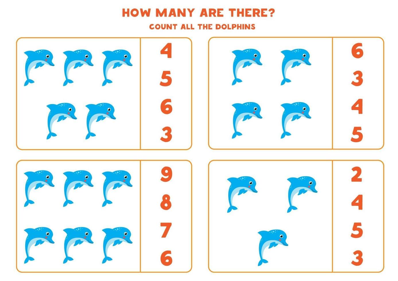 jeu de mathématiques de comptage avec des dauphins de dessin animé mignon. vecteur