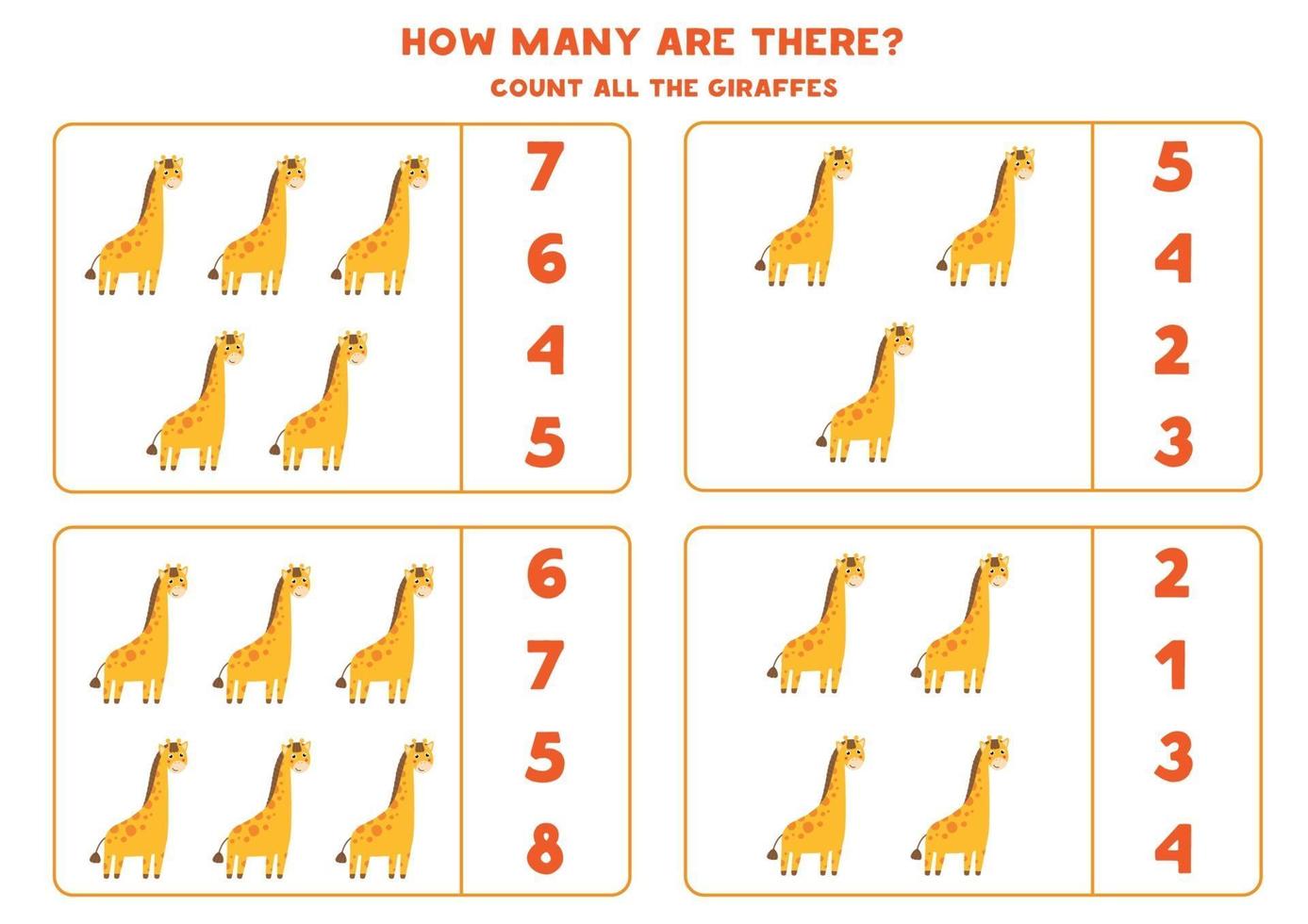 jeu de mathématiques de comptage avec des girafes de dessin animé mignon. vecteur