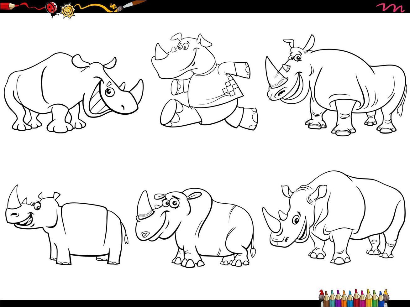 dessin animé rhinocéros animal personnages ensemble coloration page vecteur