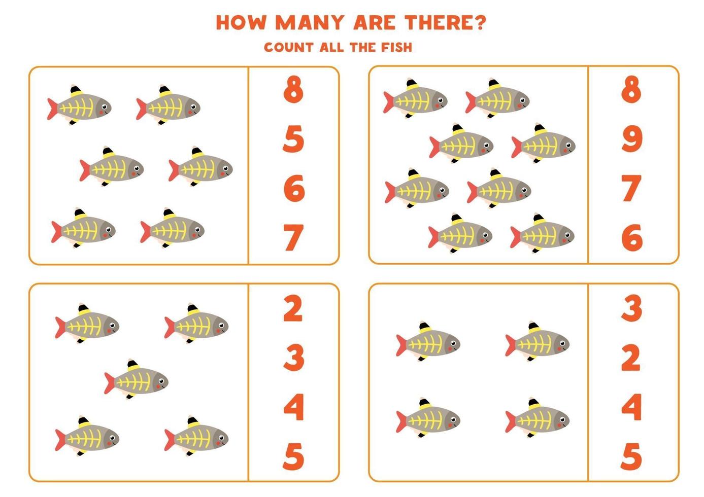 jeu de mathématiques de comptage avec poisson mignon de bande dessinée x ray. vecteur