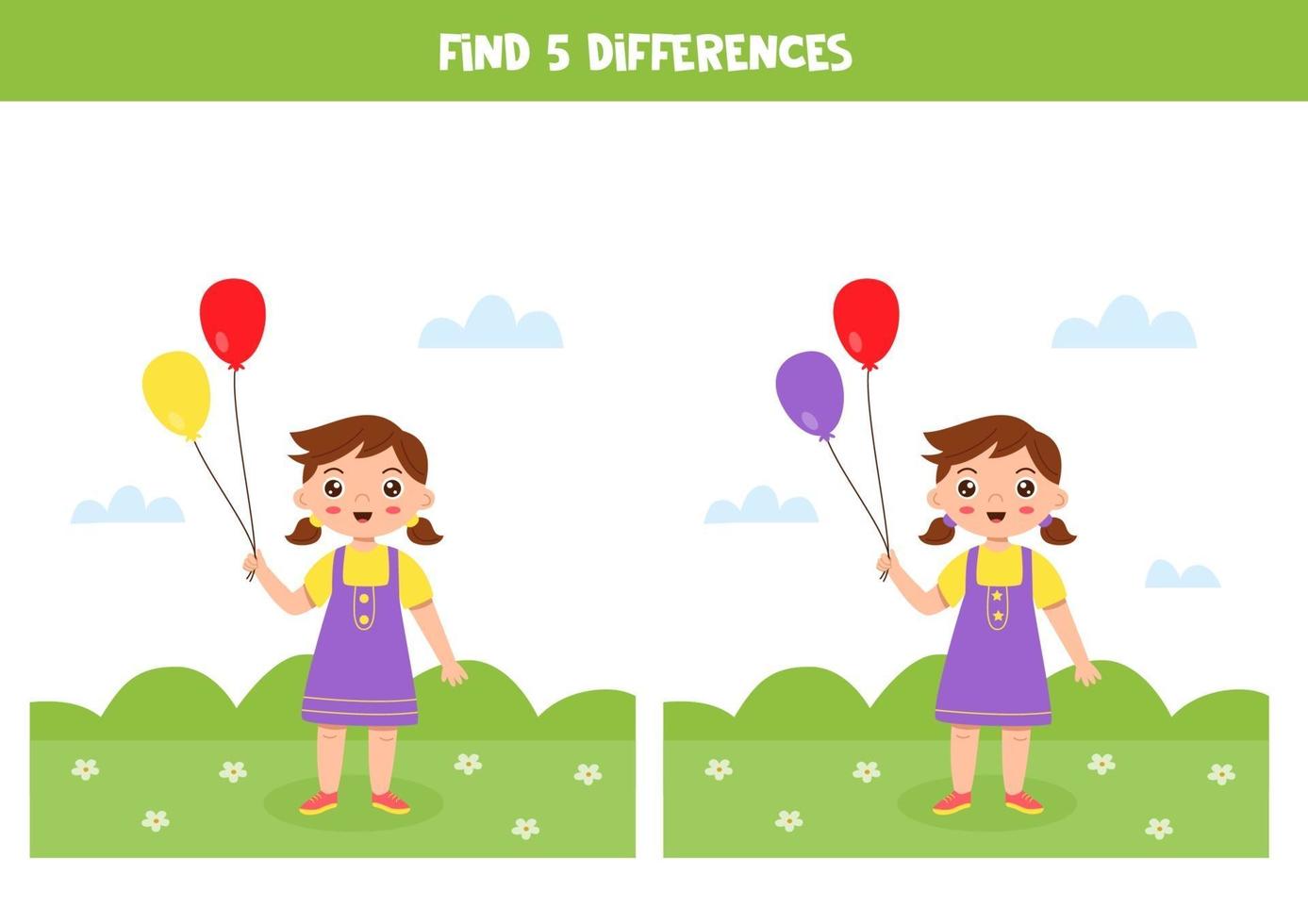 jeu logique éducatif pour les enfants. trouvez 5 différences. fille avec des ballons. vecteur