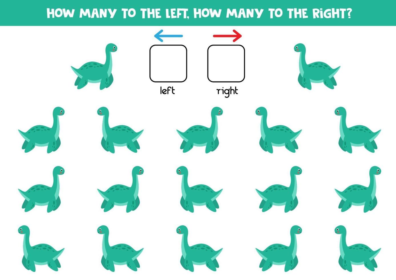 à gauche ou à droite avec un dinosaure mignon. feuille de calcul logique pour les enfants d'âge préscolaire. vecteur
