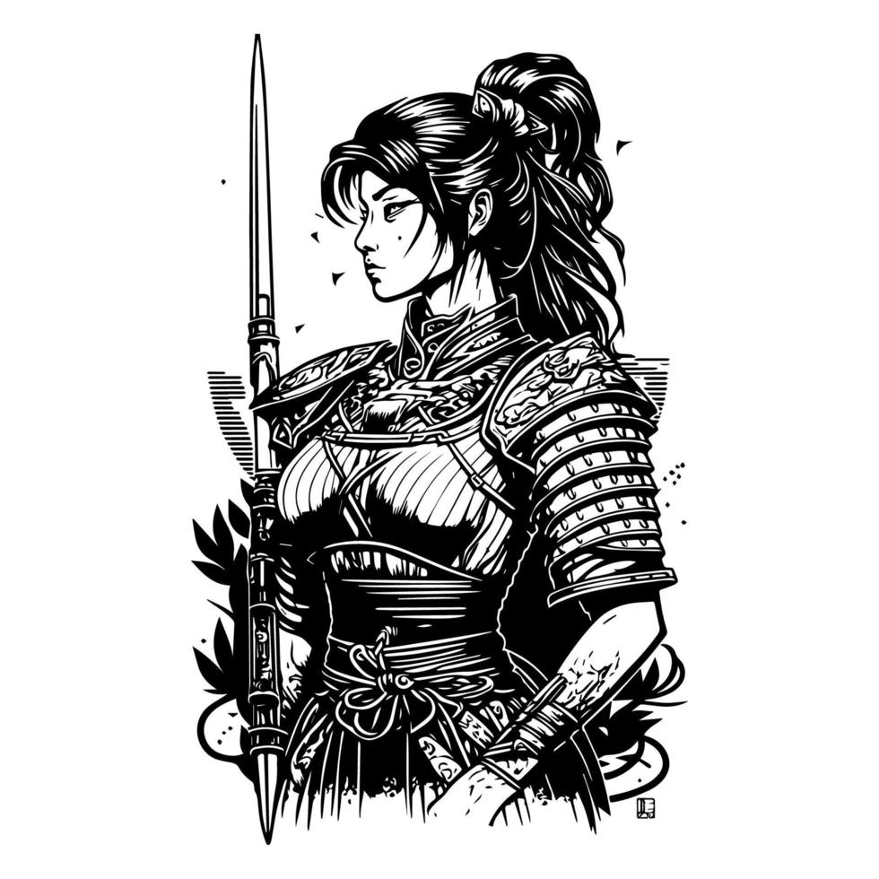 une féroce Japonais samouraï fille illustré dans main tiré ligne art, mettant en valeur sa plus haut corps avec complexe détails et audacieux coups vecteur