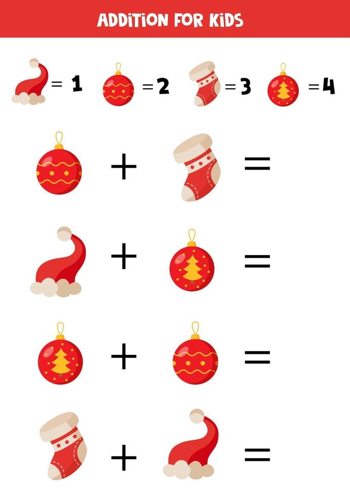 résoudre l'équation mathématique. chaussettes et chapeaux de Noël de dessin animé. vecteur