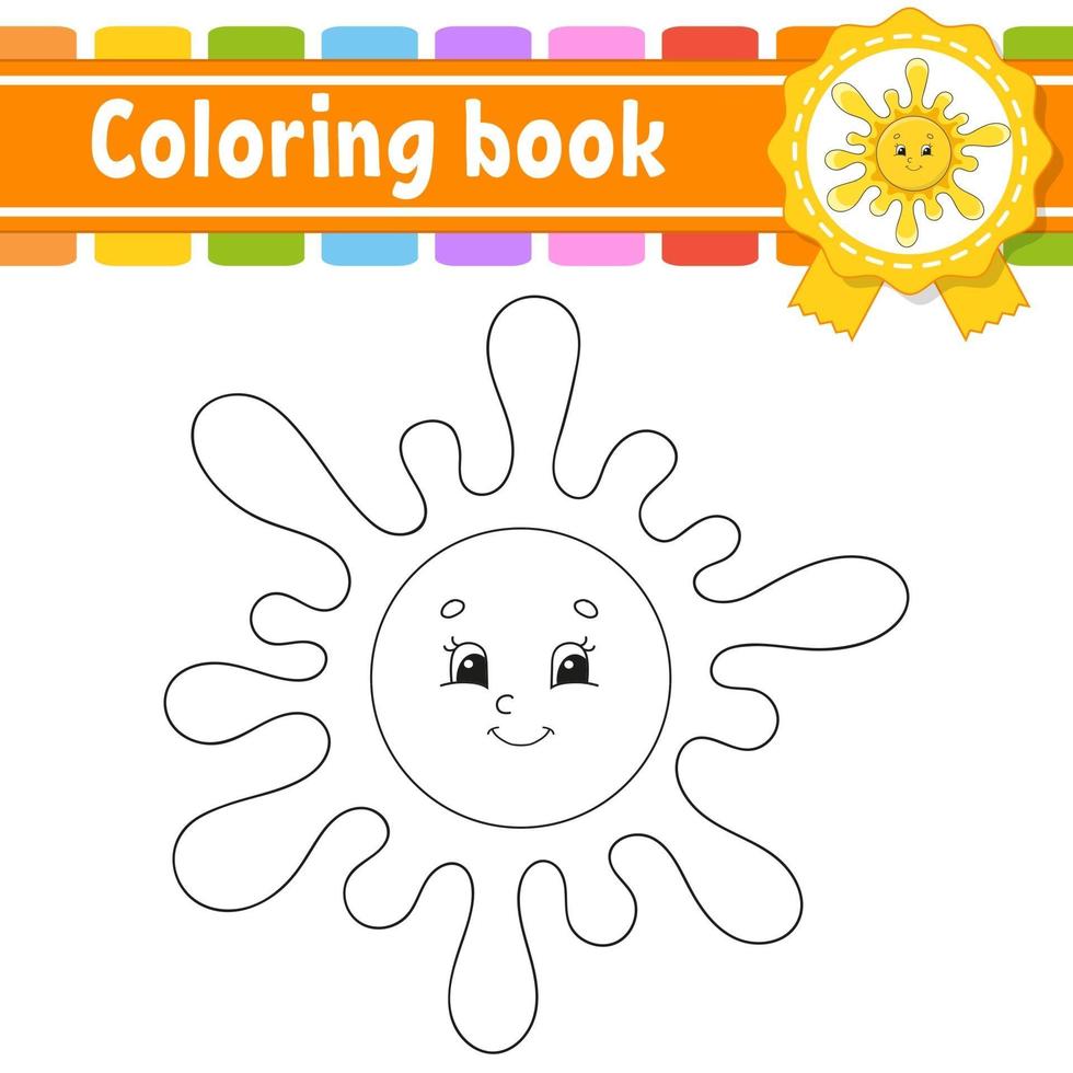 livre de coloriage pour les enfants avec soleil. caractère joyeux. illustration vectorielle. style de dessin animé mignon. silhouette de contour noir. isolé sur fond blanc. vecteur