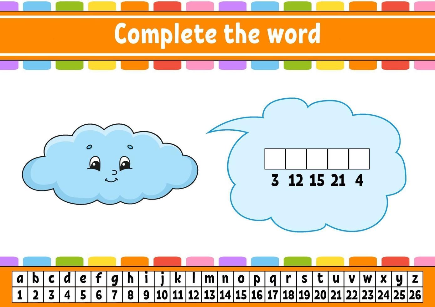 compléter le nuage de mots. code de chiffrement. apprendre le vocabulaire et les nombres. feuille de travail de l'éducation. page d'activité pour étudier l'anglais. illustration vectorielle isolé. personnage de dessin animé. vecteur