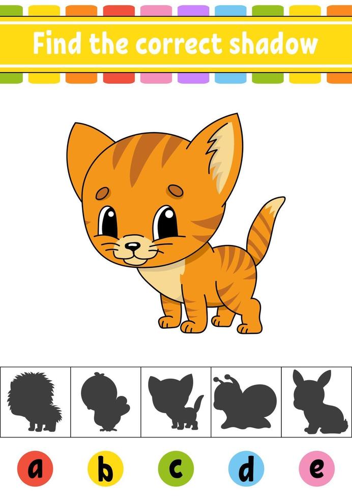 trouver le bon chat de l'ombre. feuille de travail sur le développement de l'éducation. page d'activité. jeu de couleurs pour enfants. illustration vectorielle isolé. personnage de dessin animé. vecteur