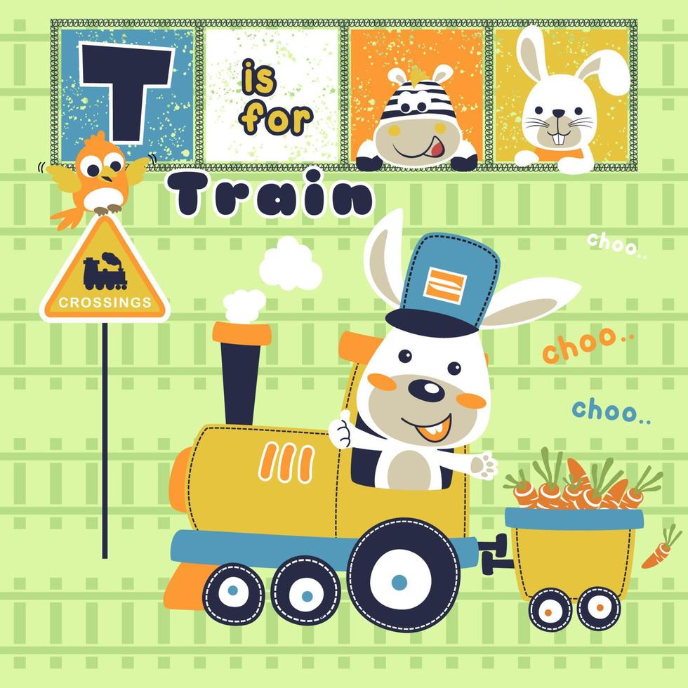 marrant lapin sur vapeur train avec amis, vecteur dessin animé illustration