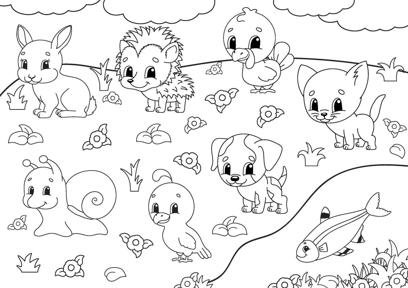 livre de coloriage pour les enfants. clipart animal. personnages joyeux. illustration vectorielle. style de dessin animé mignon. silhouette de contour noir. isolé sur fond blanc. vecteur