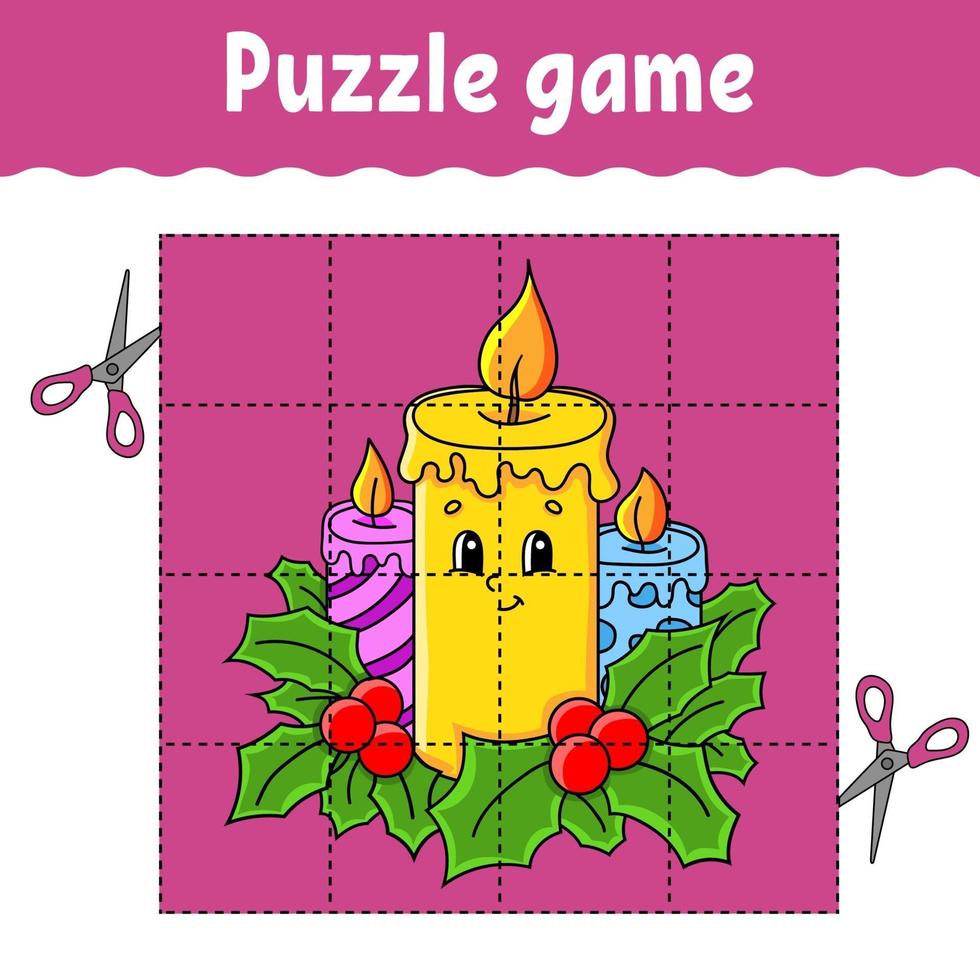 jeu de puzzle pour enfants avec bougie. thème d'hiver. feuille de travail sur le développement de l'éducation. jeu d'apprentissage pour les enfants. page d'activité couleur. pour tout-petit. énigme pour l'école maternelle. illustration vectorielle isolé en style cartoon. vecteur