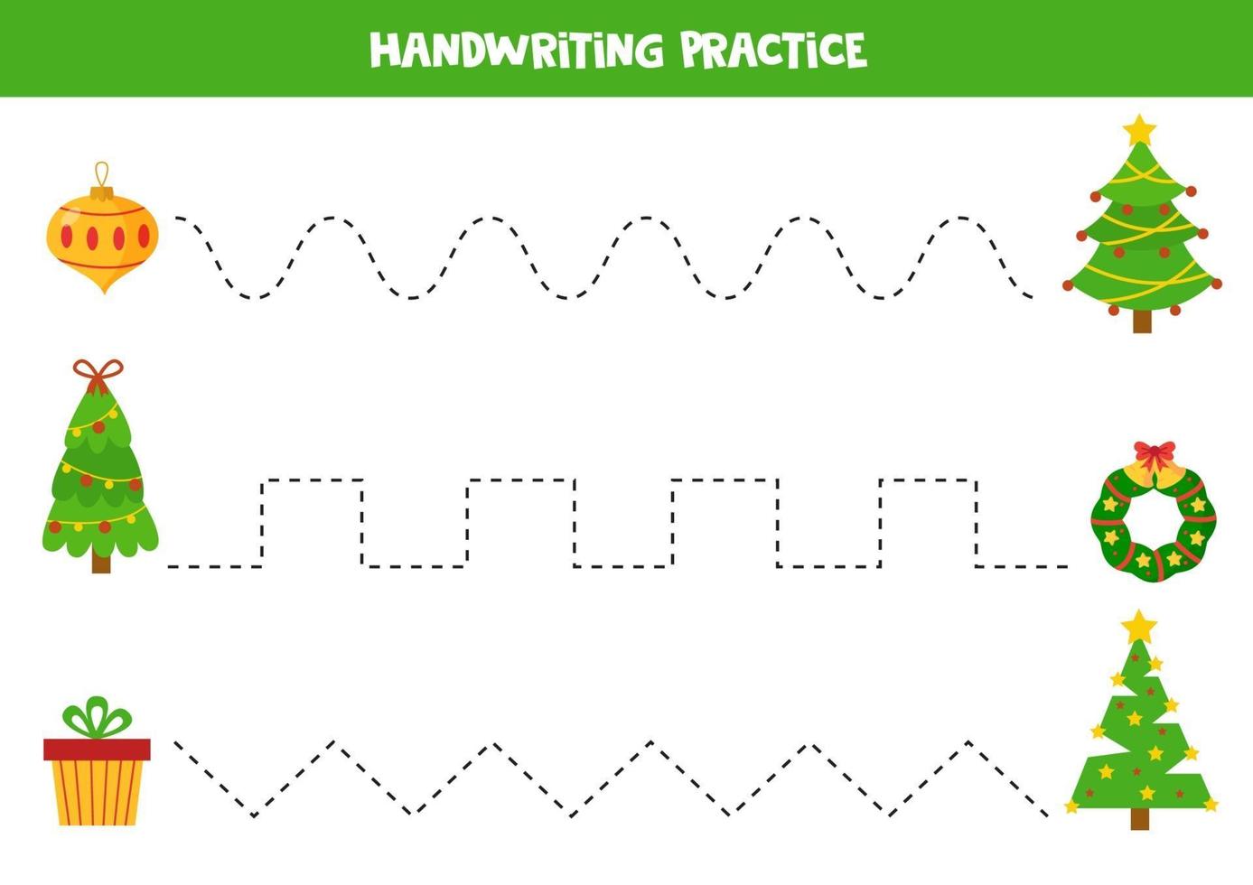 pratique des compétences d'écriture. traçant des lignes avec des éléments d'arbre de Noël et de Noël. vecteur