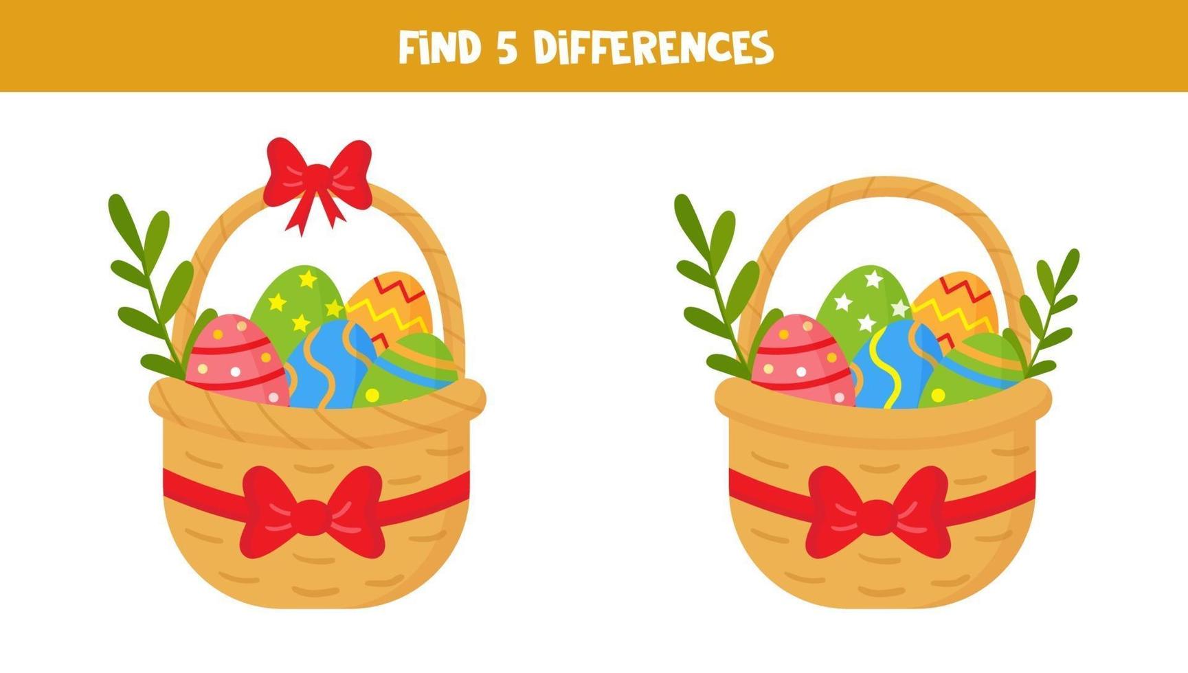 trouvez 5 différences entre les images. paniers de Pâques. vecteur
