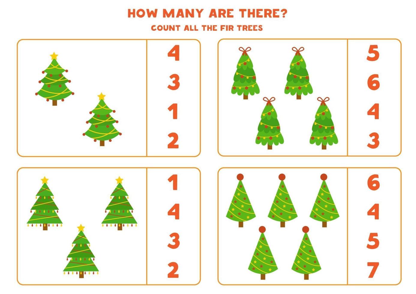 compter tous les sapins de Noël. jeu de mathématiques éducatif. vecteur