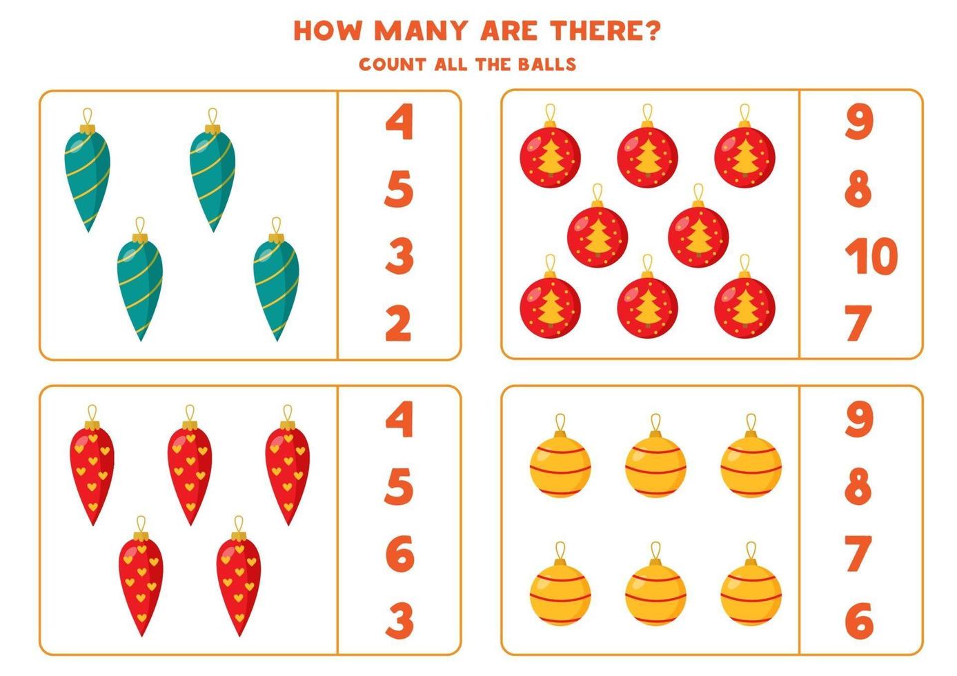 jeu de comptage avec des boules de Noël colorées. feuille de calcul mathématique. vecteur