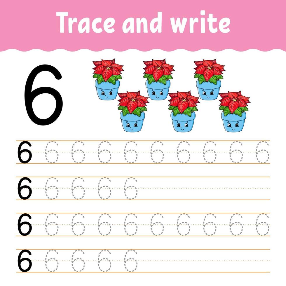 apprendre le numéro 6. tracer et écrire. thème d'hiver. pratique de l'écriture manuscrite. apprendre les nombres pour les enfants. feuille de travail sur le développement de l'éducation. page d'activité couleur. illustration vectorielle isolé dans un style dessin animé mignon. vecteur