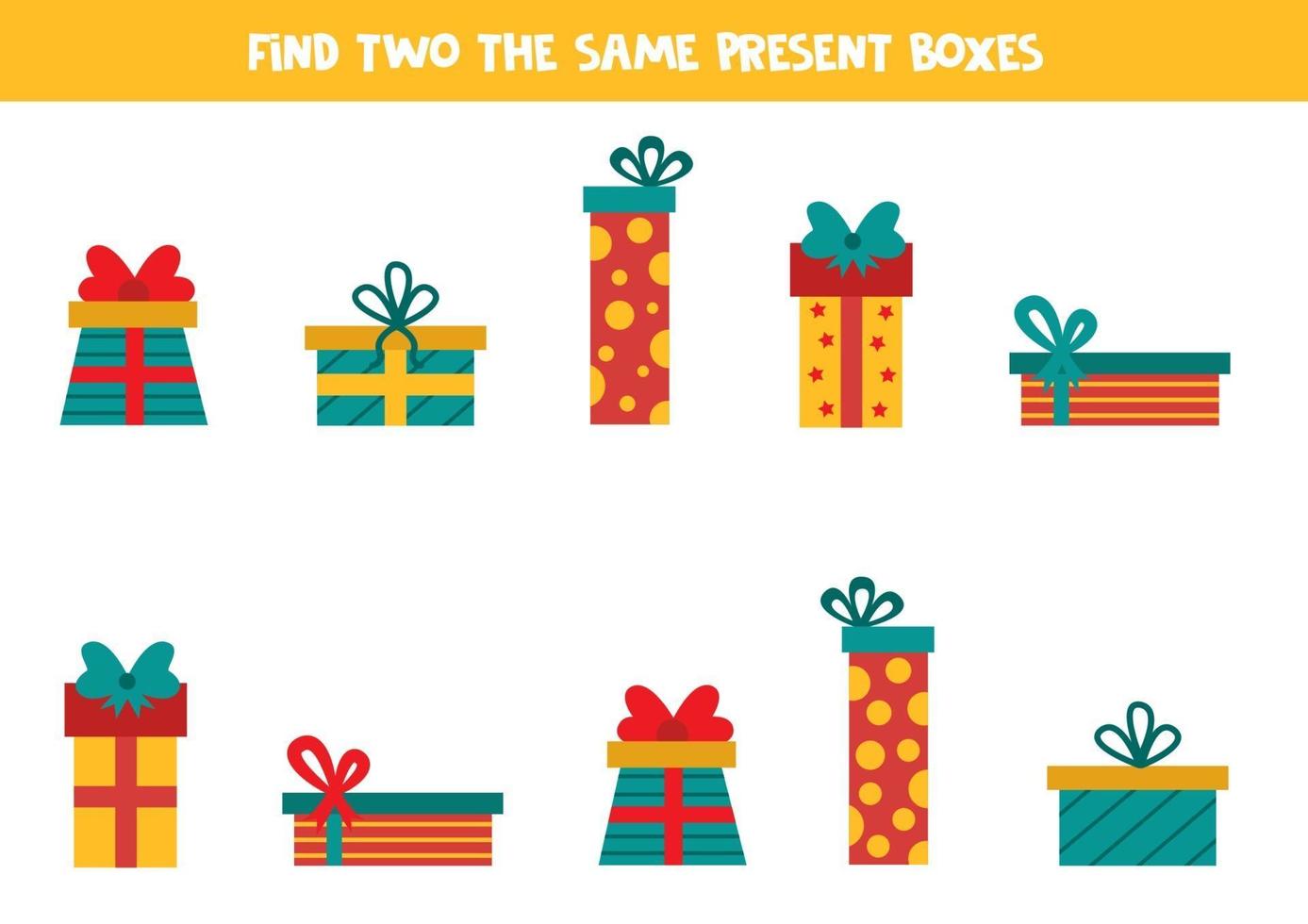 trouver deux mêmes coffrets cadeaux de Noël. jeu pour les enfants. vecteur