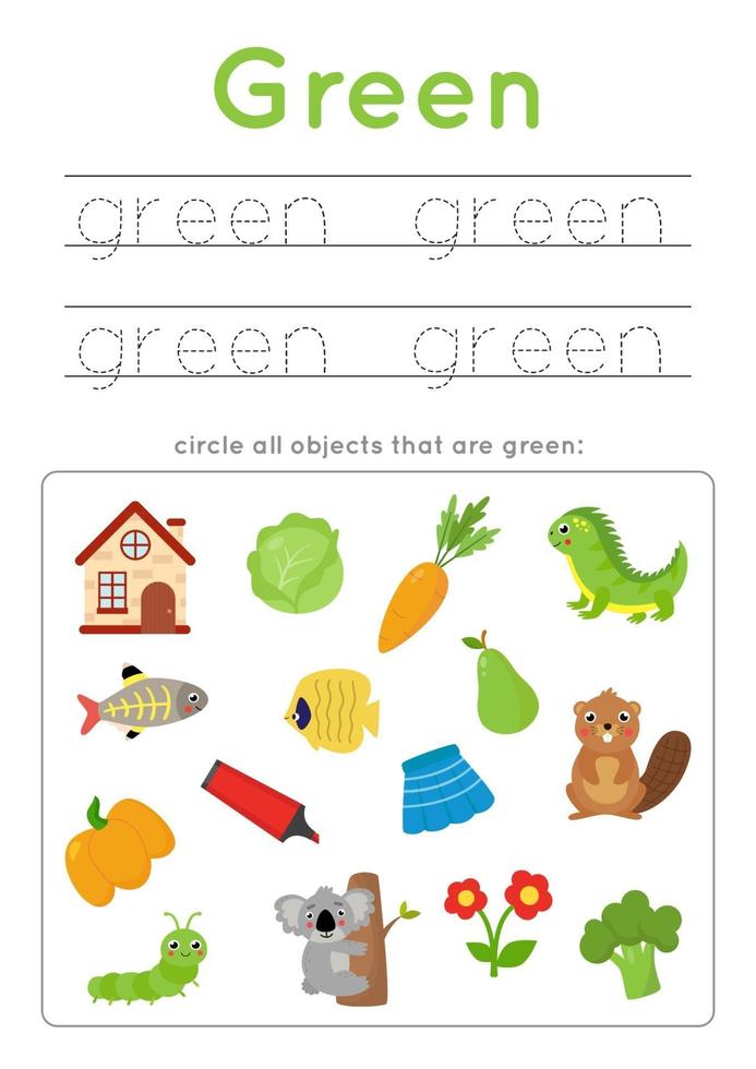 apprendre la couleur verte pour les enfants d'âge préscolaire. pratique de l'écriture. vecteur