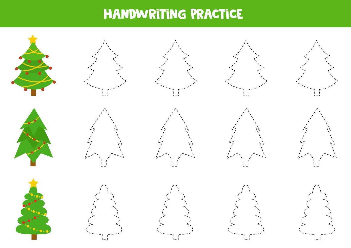 pratique des compétences d'écriture. traçant des lignes avec des sapins de Noël. vecteur