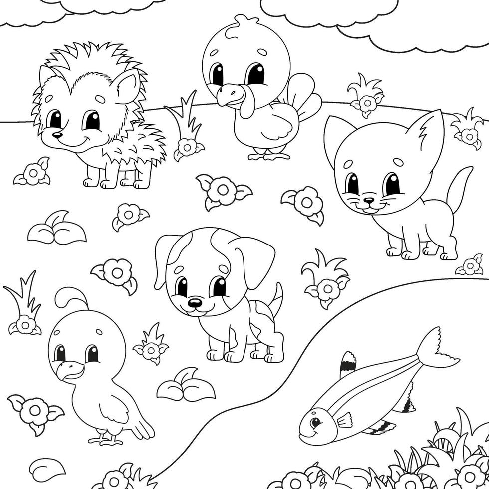 livre de coloriage avec des animaux heureux vecteur